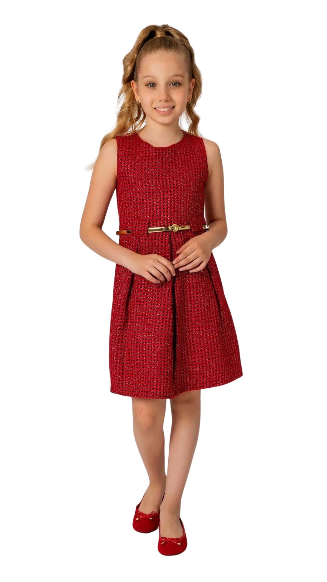 InCity Girls Tween 7-14 Years Tween Red Salmon Sleeveless Belted Midi  Fashion Potenza Dress